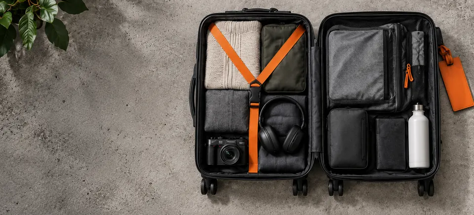 An open carry-on suitcase packed with clothes and travel essentials, secured with orange straps