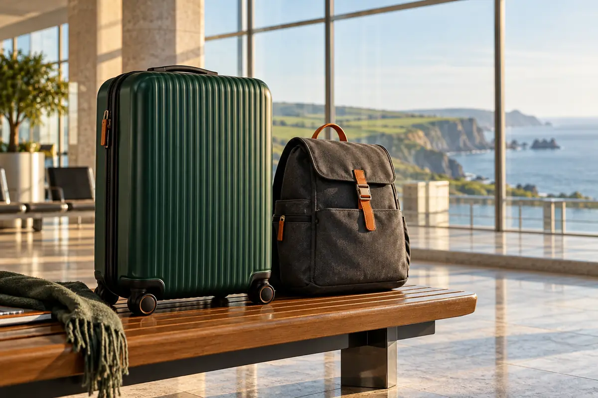 Emerald green cabin suitcase and charcoal personal backpack on an airport bench in soft morning light.