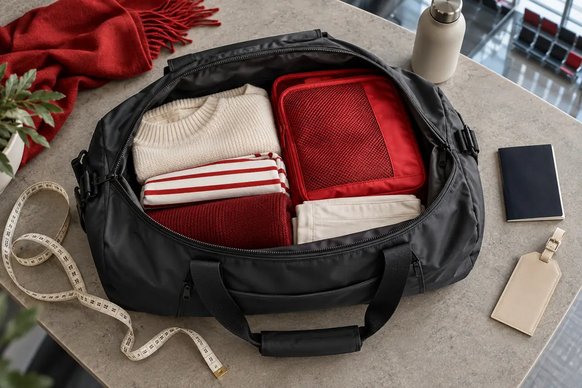 Open charcoal duffel packed with red and cream clothing beside a measuring tape and plain passport in an airport setting.