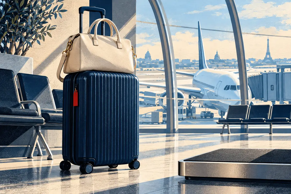 Editorial illustration of a navy cabin suitcase and cream satchel at an imagined Paris airport gate.