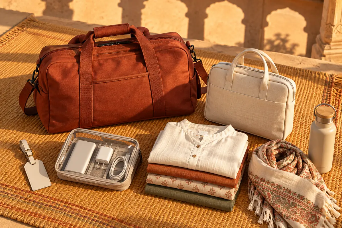Terracotta cabin duffel, cream laptop satchel and organized travel essentials on a warm ochre packing surface