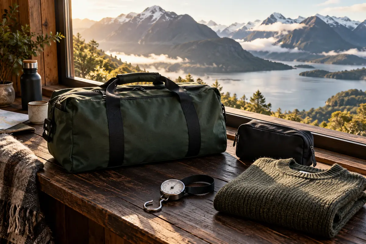Forest green travel duffel and small black pouch beside a sweater and luggage scale overlooking a New Zealand mountain lake