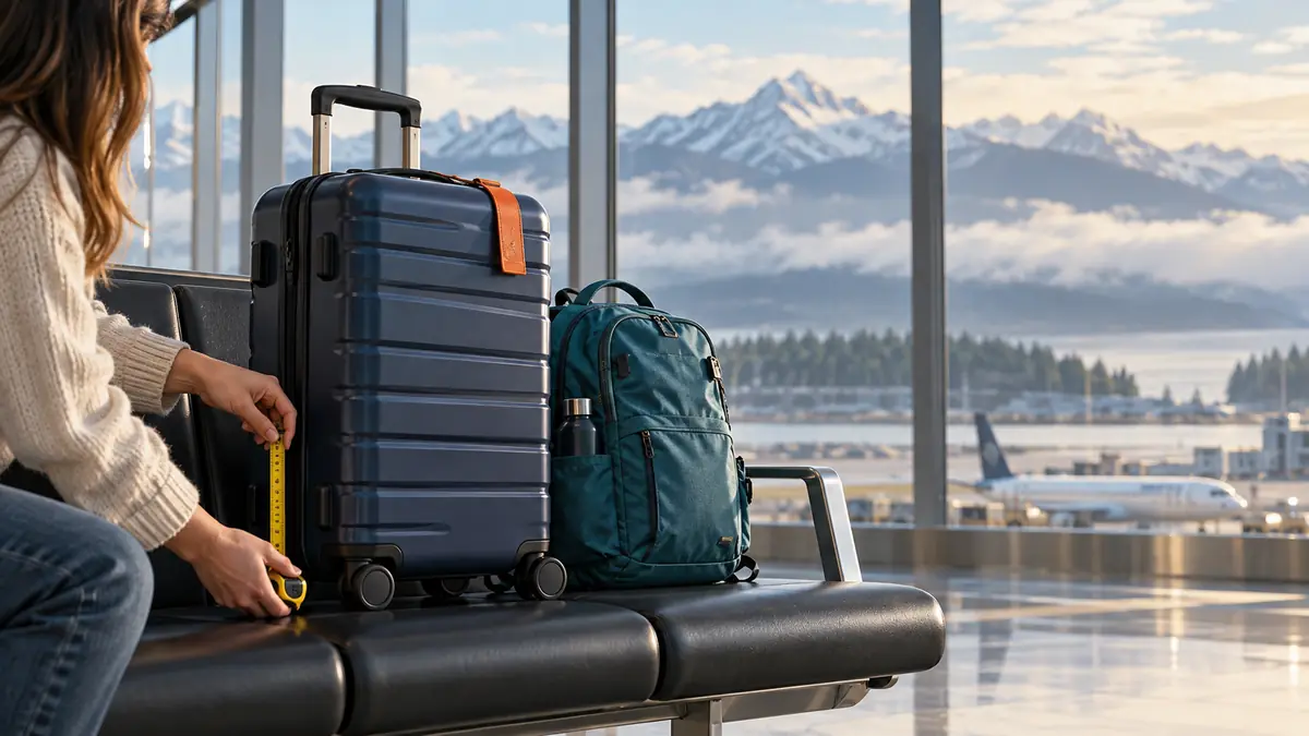 Illustration of a navy suitcase and teal backpack being measured beside airport windows with mountains beyond.