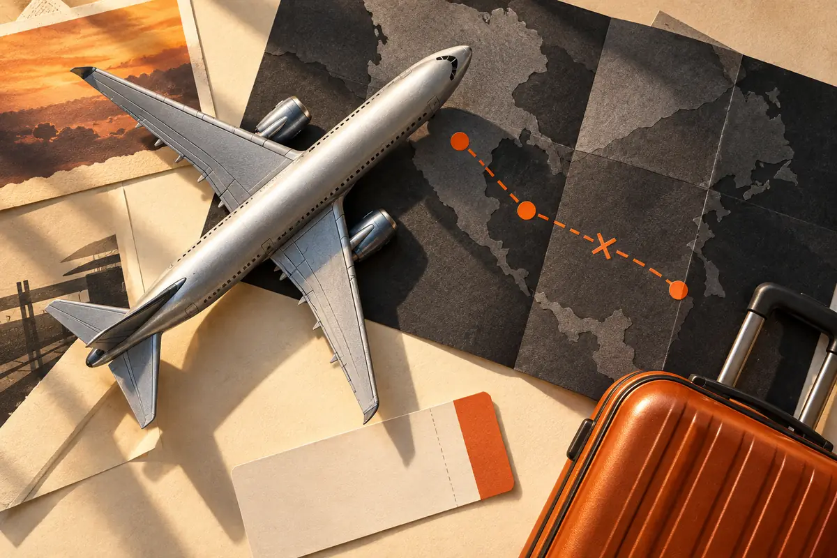 Editorial paper collage of a silver aircraft, a changed route on a folded map and a carry-on bag