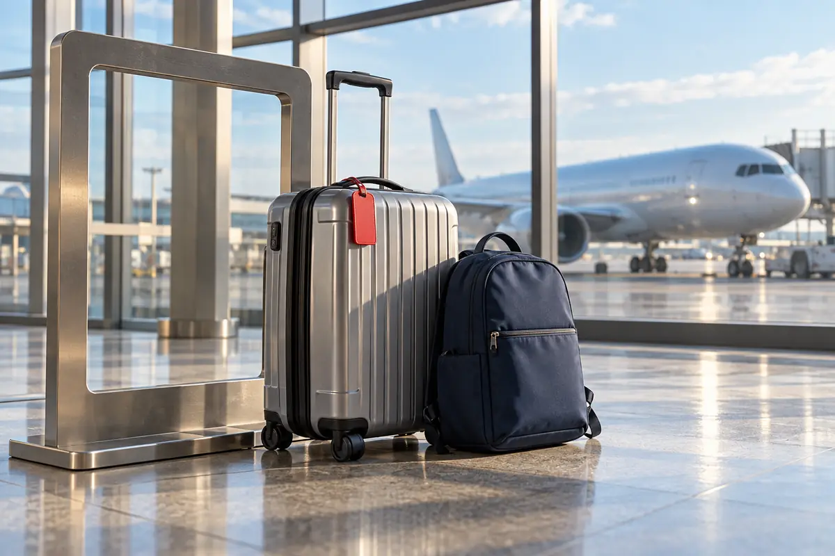 Illustrated editorial airport scene with a silver cabin suitcase and navy backpack beside a baggage sizing frame.