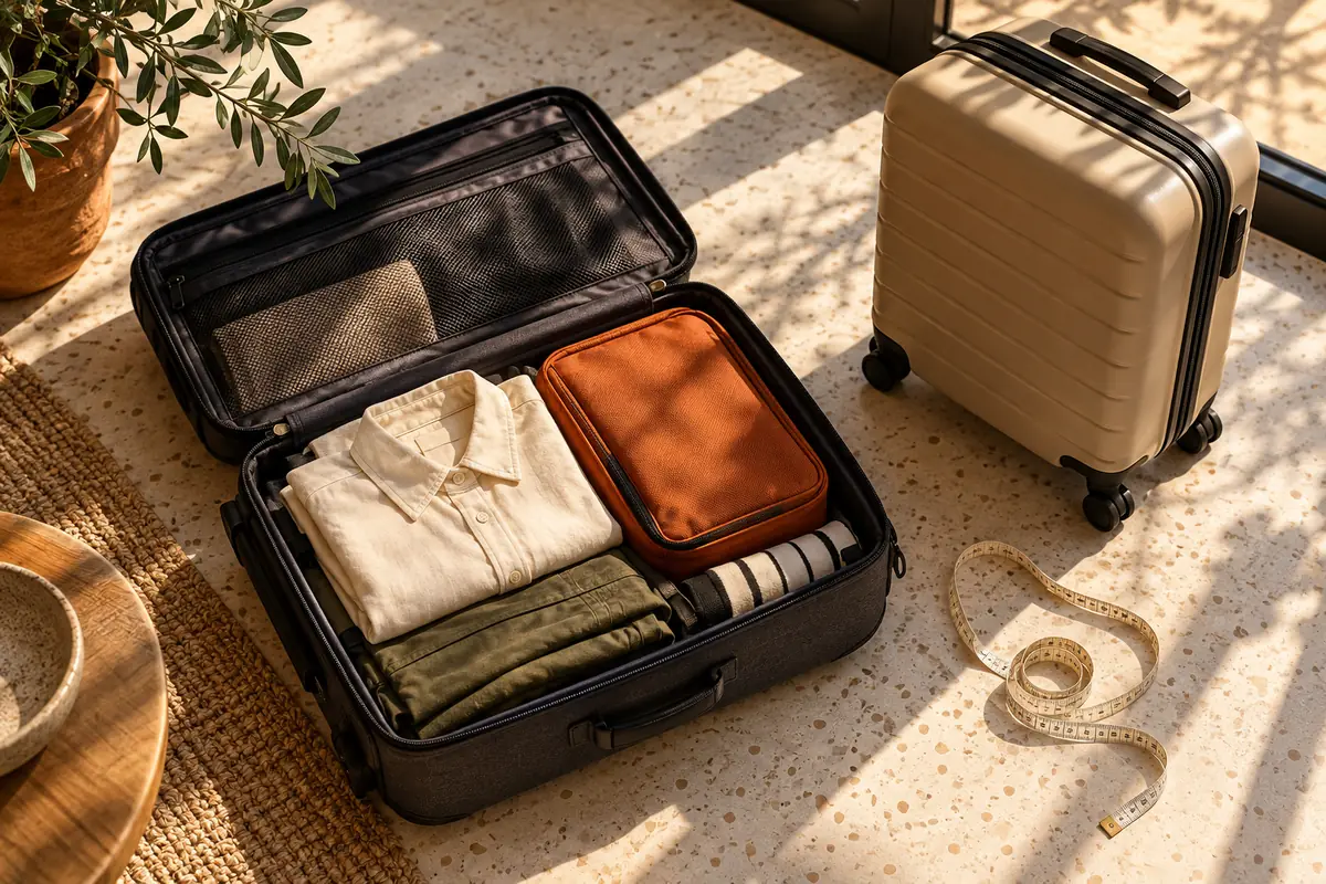 Open charcoal suitcase with cream clothing and orange packing cube beside a closed sand-colored spinner on a sunlit terrazzo floor.