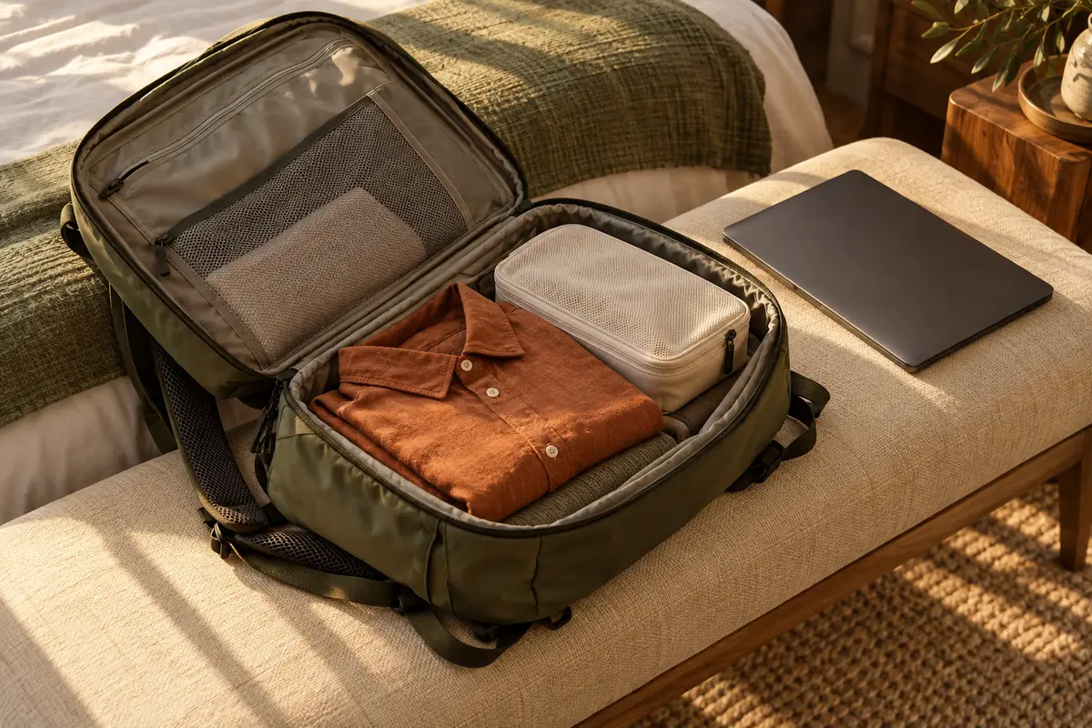 An open generic olive travel backpack with organized clothes and a laptop on a hotel bench