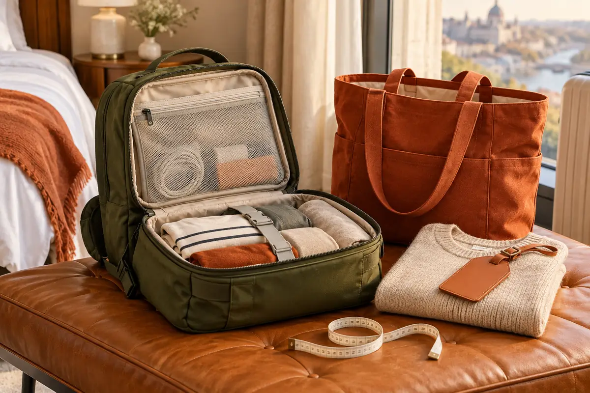 Generic olive backpack and terracotta tote arranged with clothes on a leather bench before a trip.