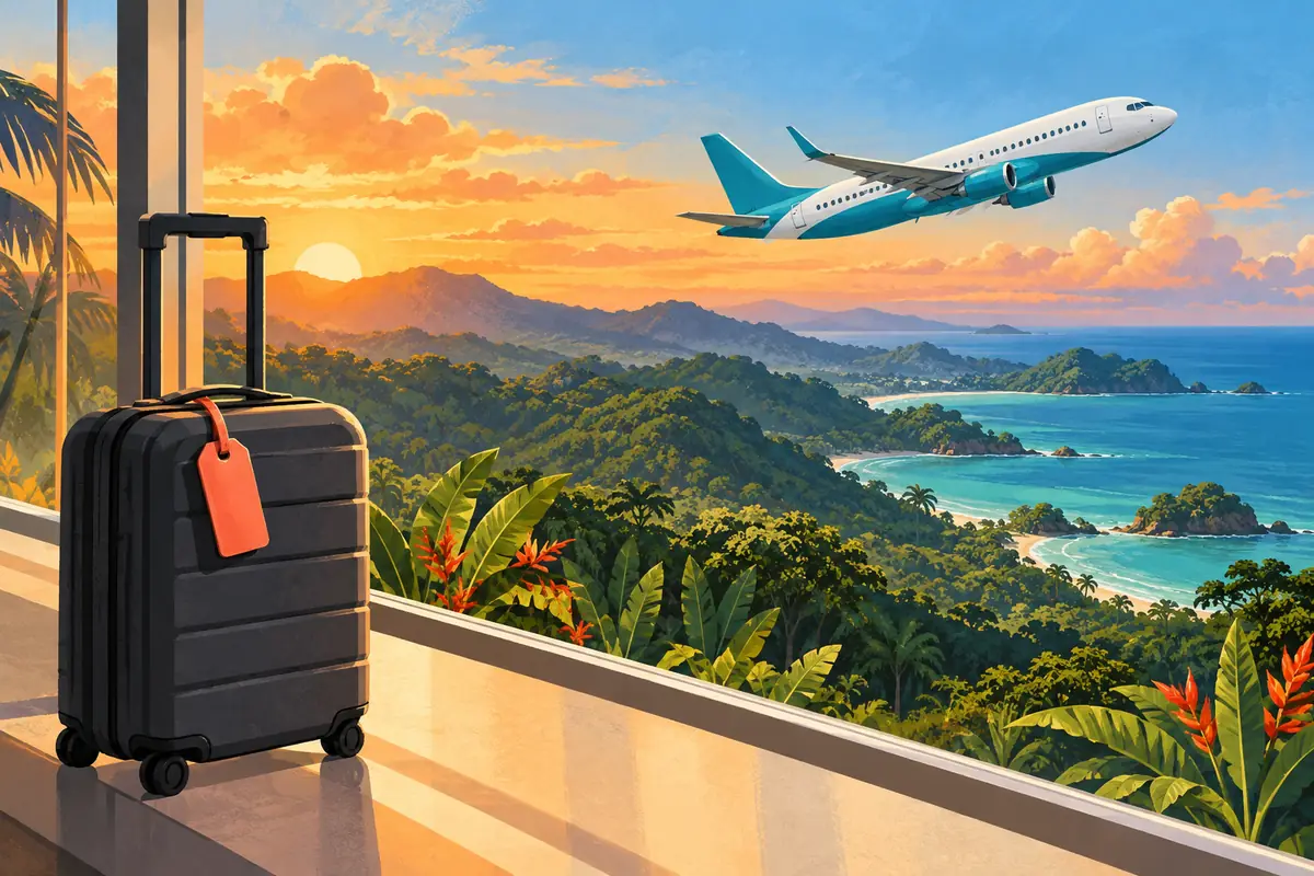 Editorial illustration of a carry-on bag beside an airport window, with a passenger jet above tropical hills and sea.