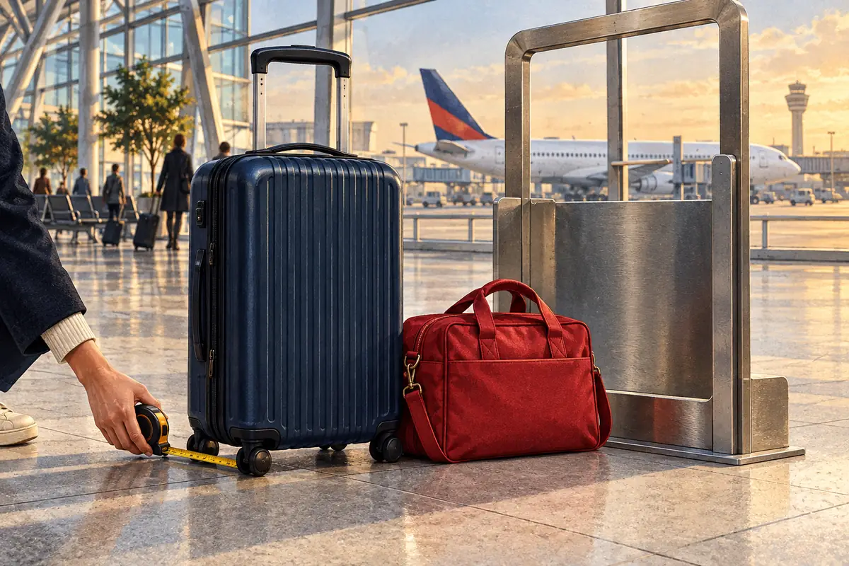 Navy cabin suitcase and smaller red satchel beside an unmarked baggage sizing frame in a sunlit airport terminal.