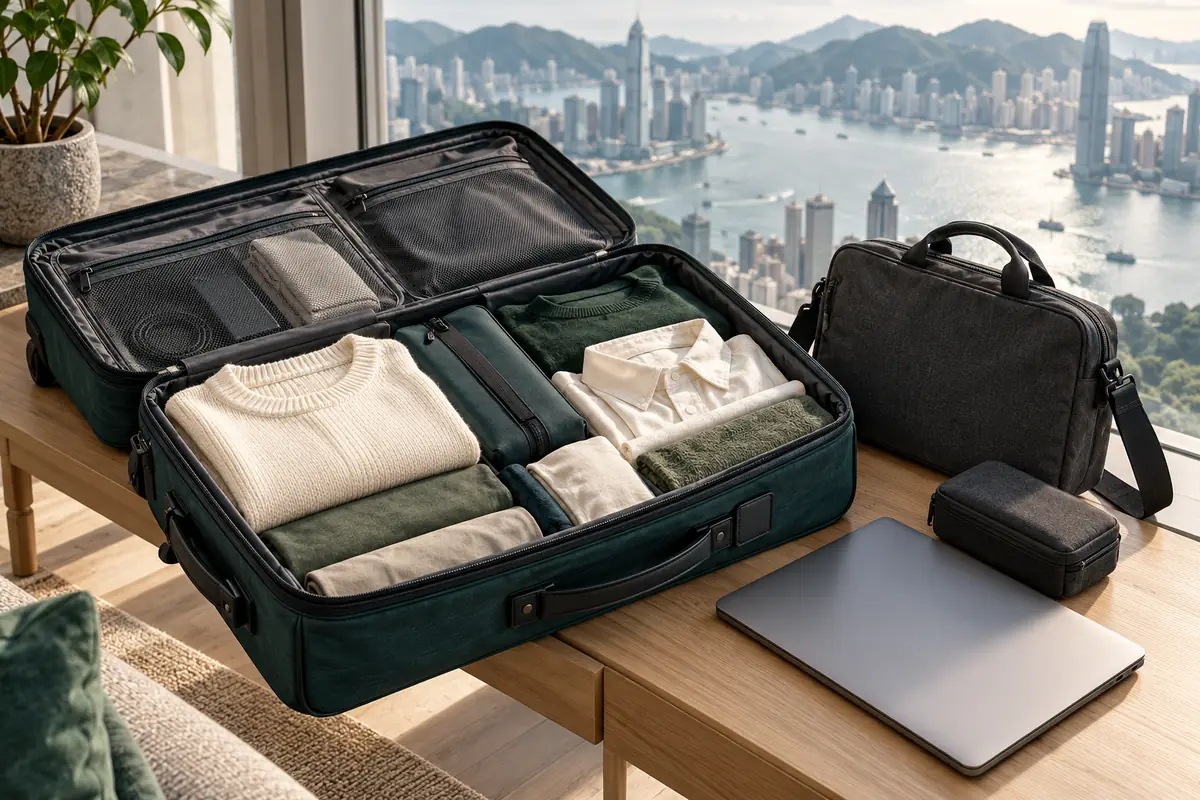 Open teal suitcase with neatly packed clothing beside a laptop bag overlooking Hong Kong harbor