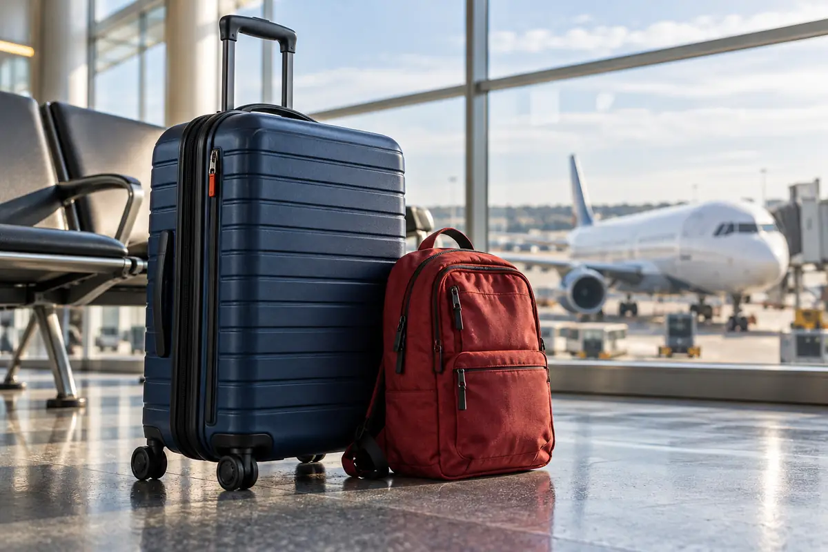 Navy roller suitcase and red backpack beside an airport window with an aircraft outside