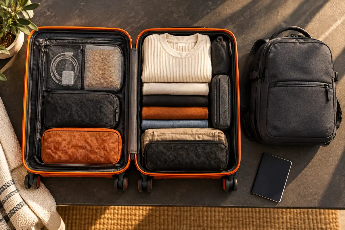 Open orange carry-on suitcase neatly packed beside a compact dark backpack on a packing bench