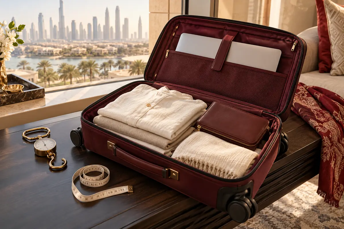 Open burgundy suitcase with a laptop, folded clothes and a small document pouch beside a window overlooking Dubai