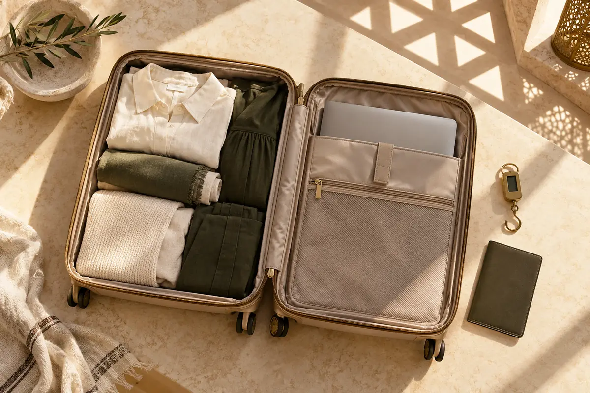 An open champagne suitcase packed with clothes and a laptop sleeve beside a luggage scale on a cream table