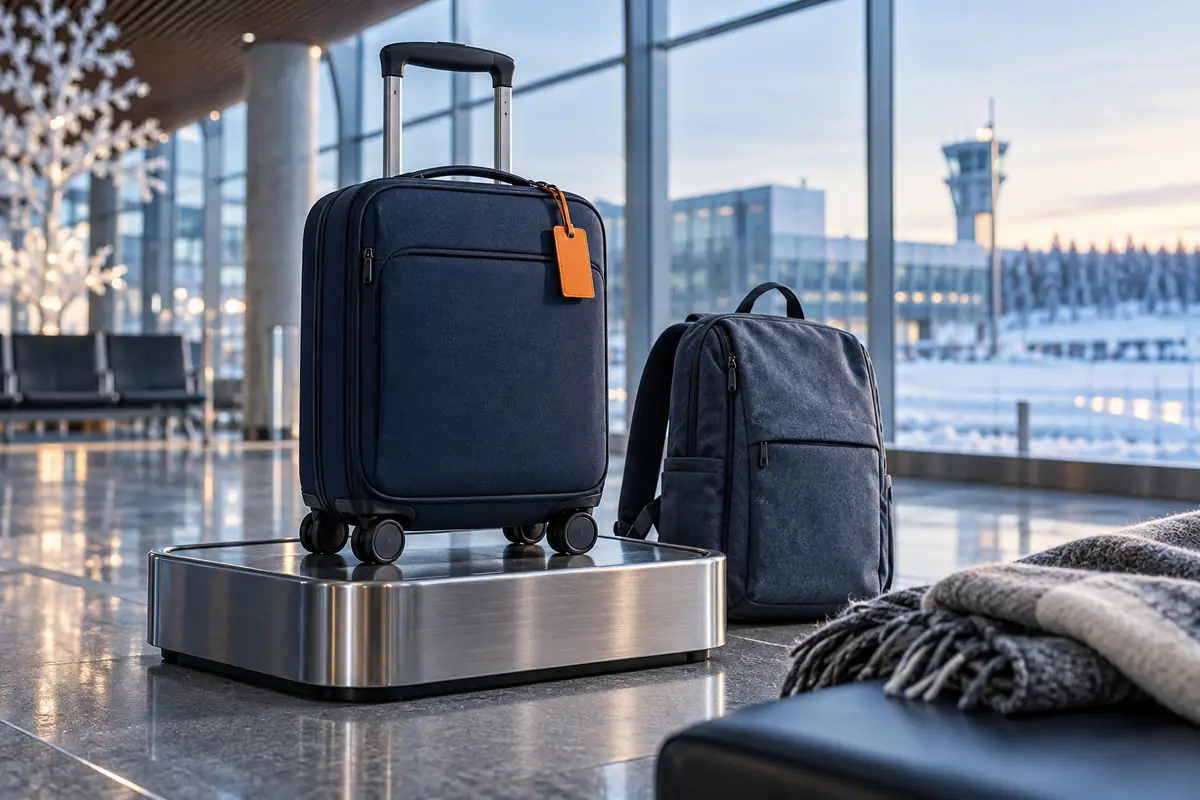 AI-generated Nordic airport illustration of a navy suitcase on a scale beside a small backpack and a winter scarf.