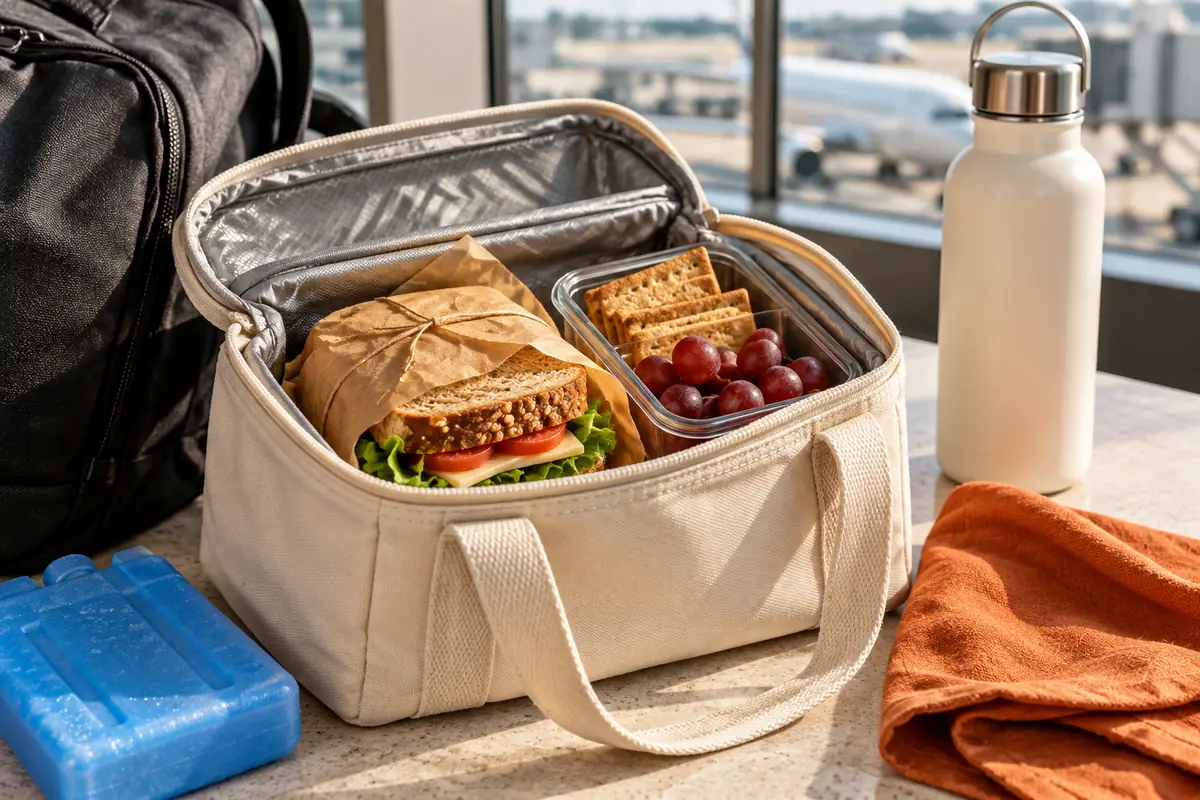 Sandwich, crackers and grapes packed in an insulated lunch tote beside a frozen cooling pack and water bottle