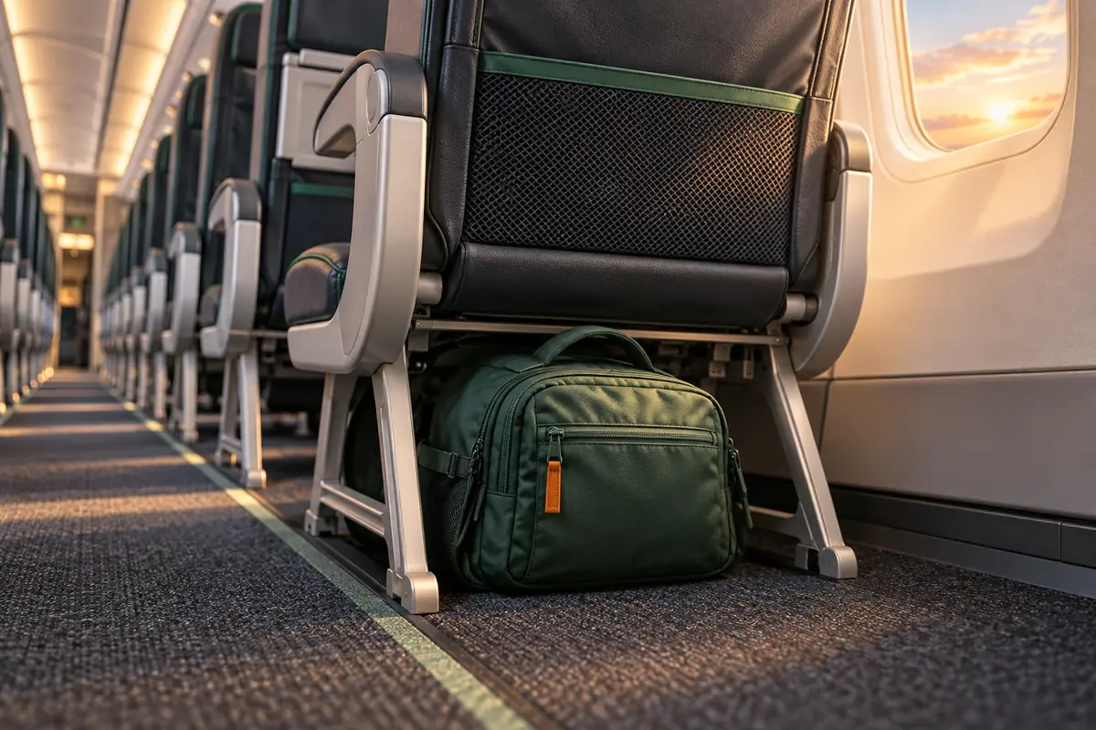 Compact green backpack tucked beneath an aircraft seat in an editorial cabin illustration