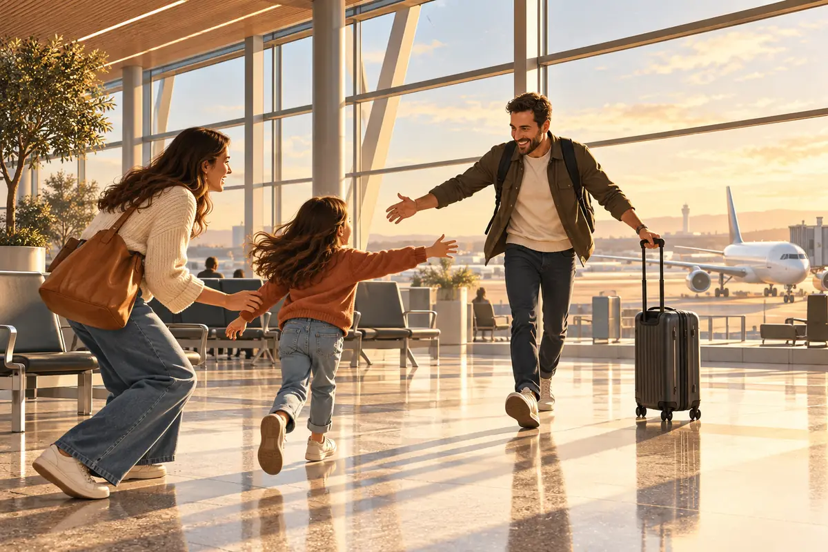 Editorial illustration of an adult and child greeting a traveler beside airport gate windows