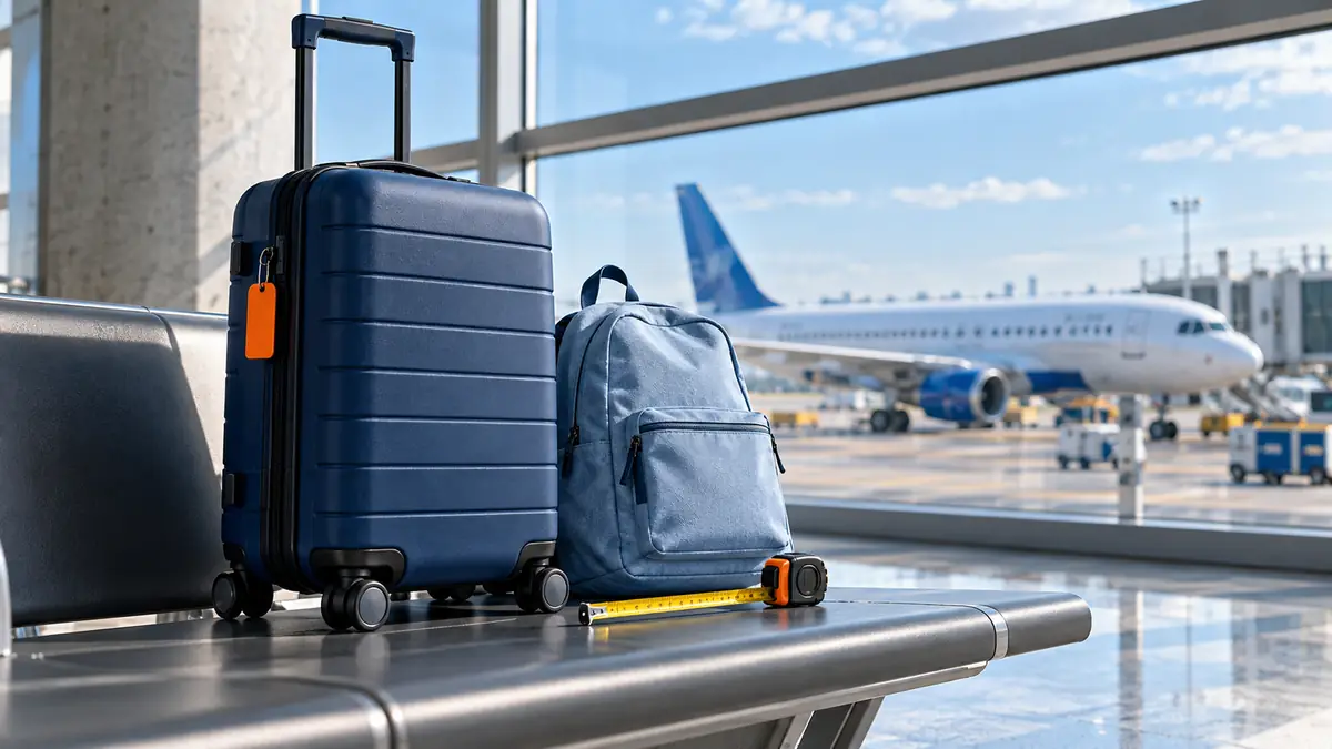 Navy carry-on suitcase and pale blue backpack beside a measuring tape in a bright airport terminal.