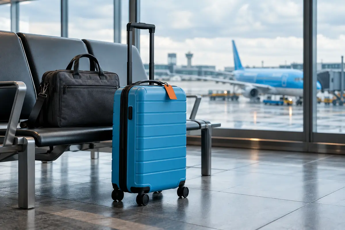 Sky-blue cabin suitcase and charcoal laptop satchel beside an Amsterdam airport window