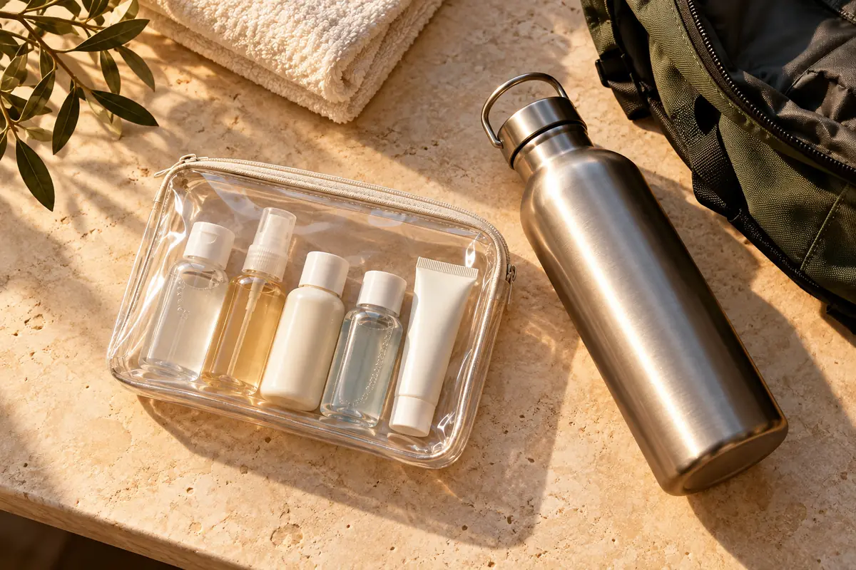 Small toiletries in a clear pouch beside a reusable bottle and green travel backpack