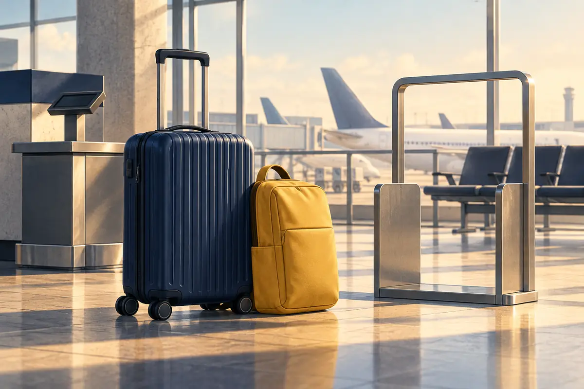 Navy cabin suitcase and slim yellow backpack beside an unbranded airport baggage checking frame and scale.