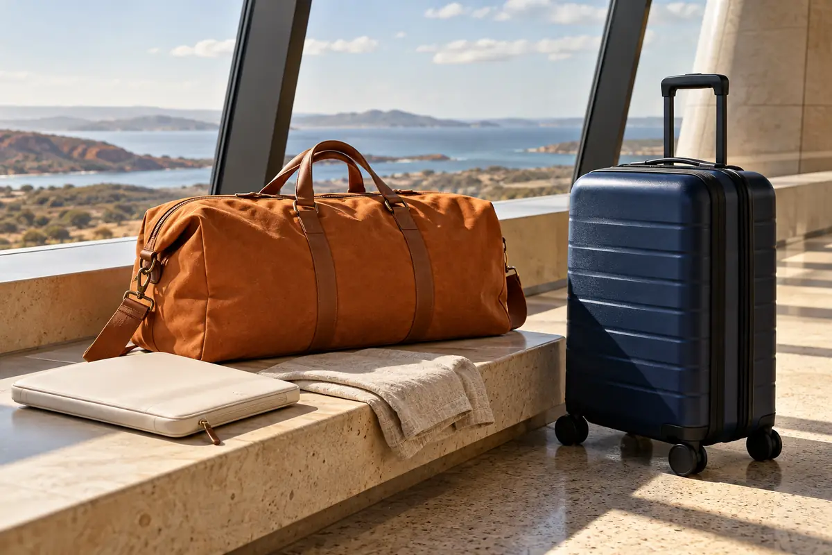 Ochre weekender, blue cabin suitcase and slim laptop sleeve beside an airport window overlooking an Australian coastline