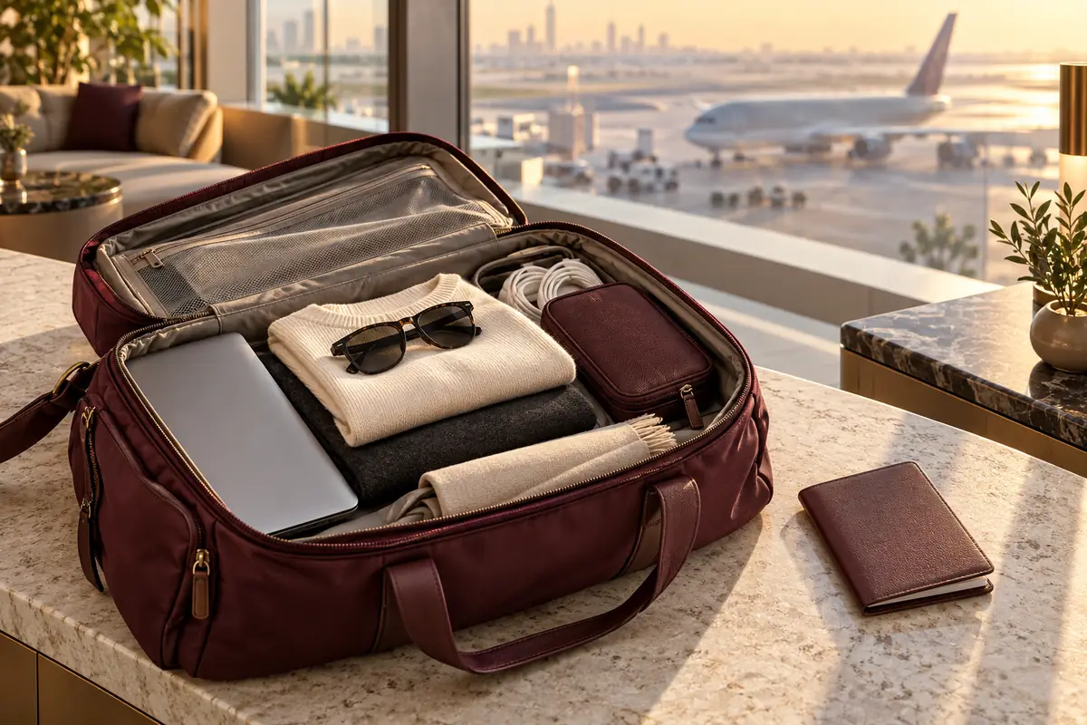An open burgundy travel bag with a slim laptop and folded clothing on a pale airport lounge bench