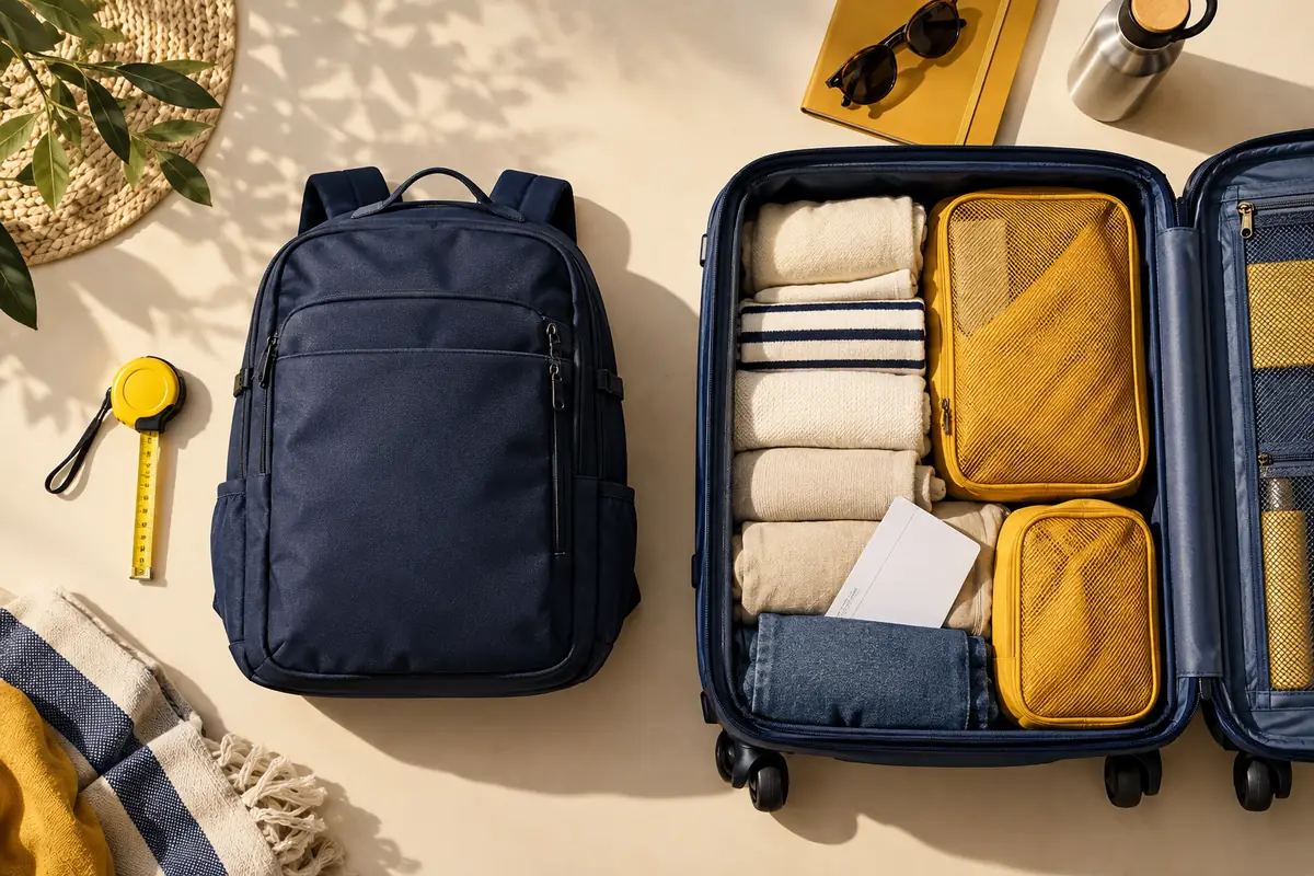 Overhead view of a navy backpack and open suitcase packed with cream clothes and yellow packing cubes.