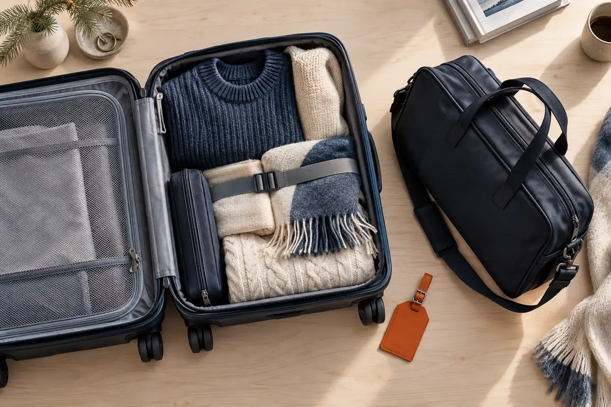 An open navy suitcase packed with Nordic knitwear beside a small dark travel bag on a birch table.