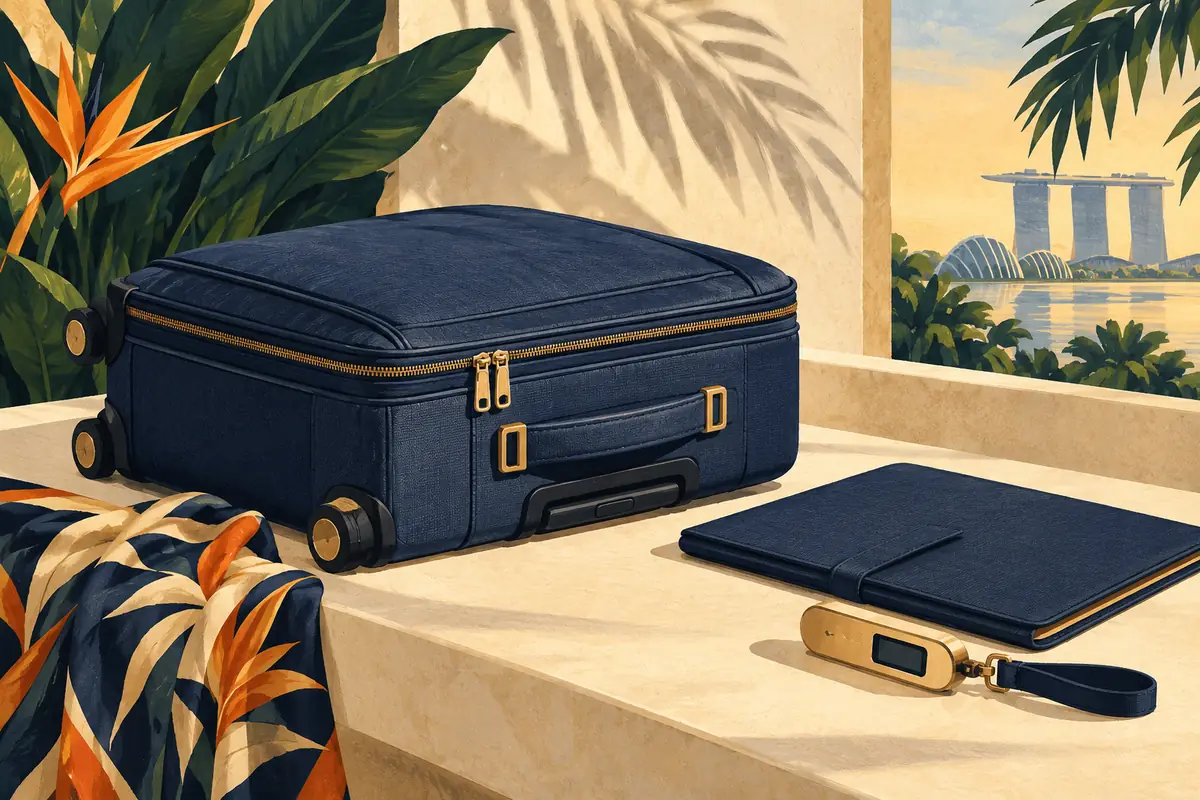 Editorial illustration of a navy cabin suitcase, slim laptop folio and luggage scale in tropical light
