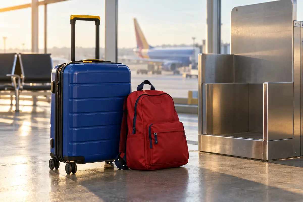 Blue roller suitcase and red backpack beside a generic airport baggage sizer in warm morning light.