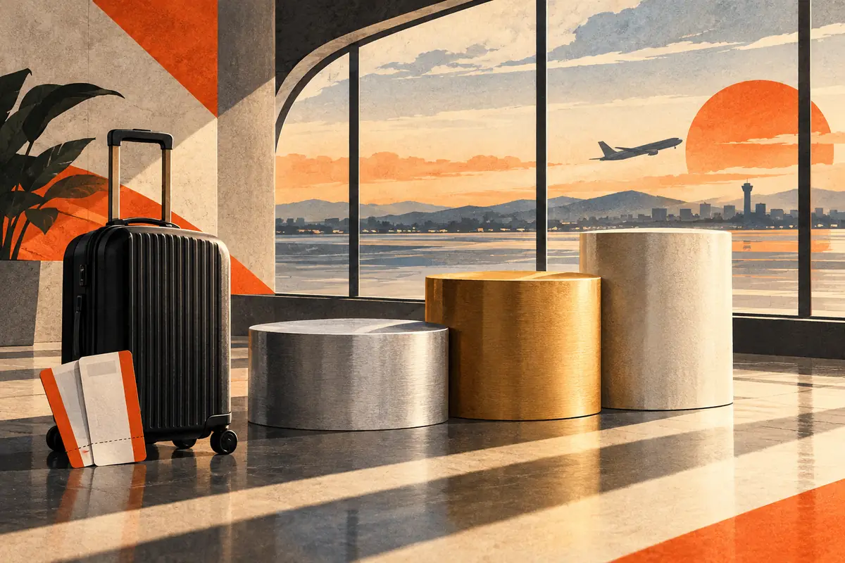 Editorial illustration of three metallic travel podiums beside a rolling bag in an airport