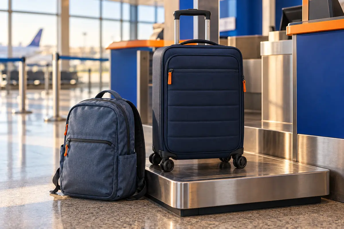 Navy suitcase on a check-in weighing platform with a smaller blue backpack beside it.