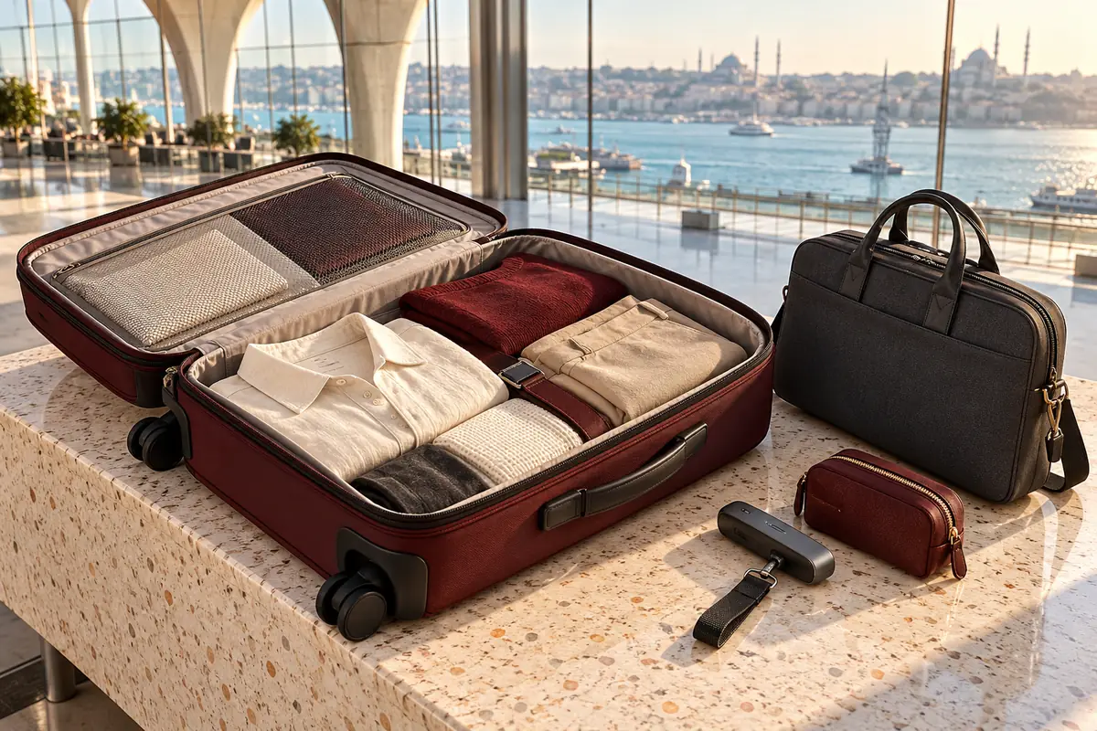Open burgundy cabin suitcase and compact charcoal laptop bag in an airy airport setting