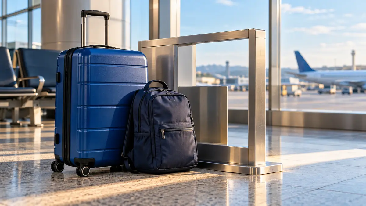 Blue roller suitcase and navy backpack beside a metal luggage sizing frame in a bright airport terminal.