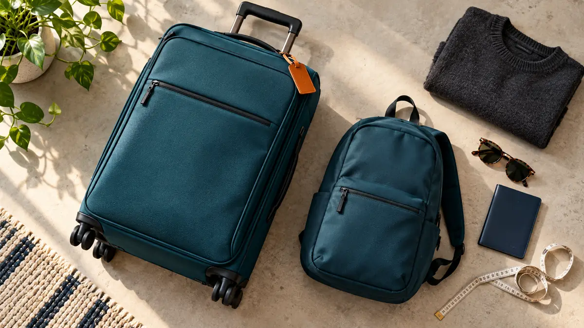 Teal cabin roller and smaller backpack laid beside a measuring tape and travel essentials.
