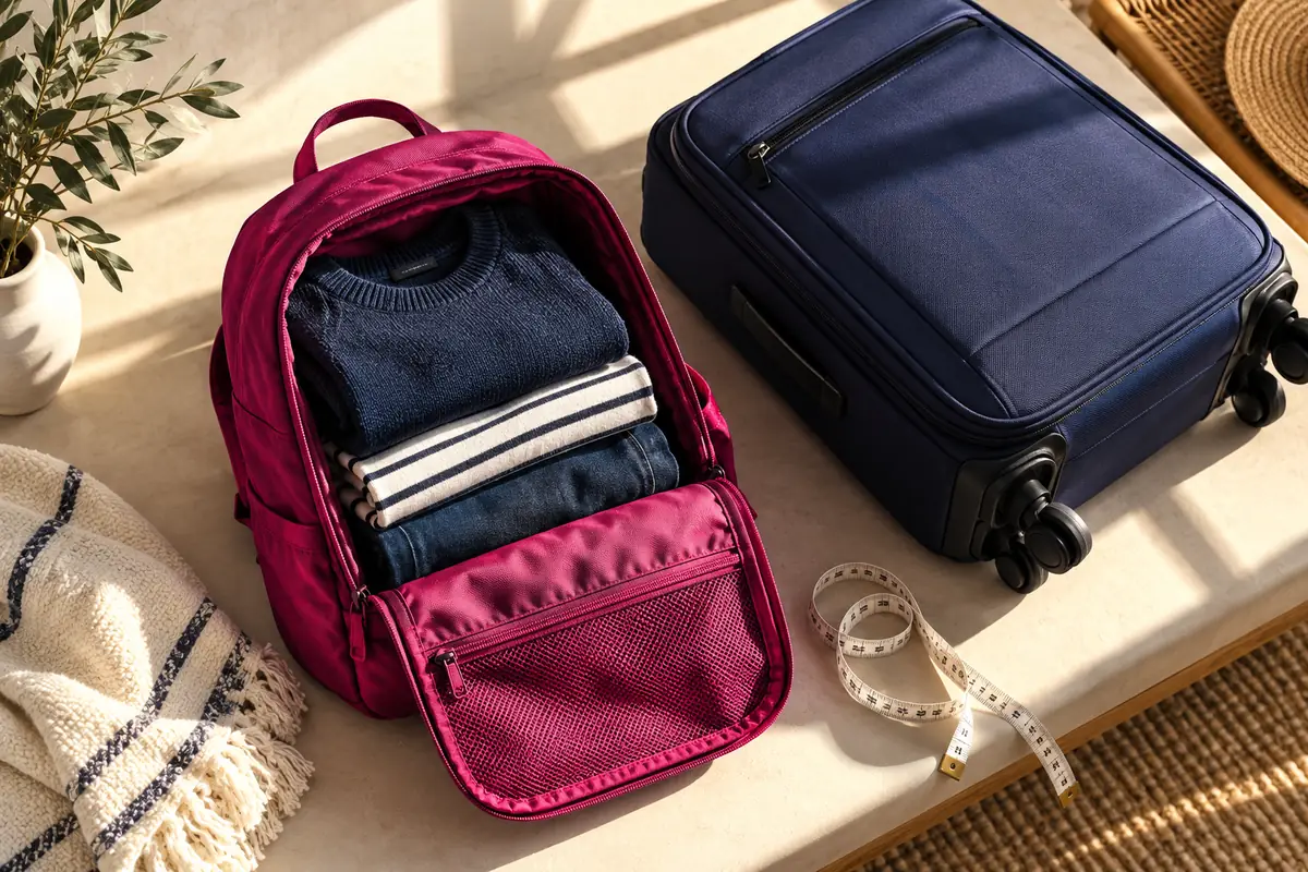 Open raspberry backpack with folded clothes beside a navy roller on a sunlit packing bench